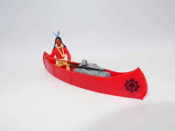 Timpo Toys Kanu mit Indianer 3. Version + Ladung (rot, schwarzes Emblem)