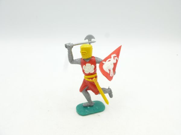 Timpo Toys Mittelalterritter laufend mit Streitaxt, rot, gelber Kopf