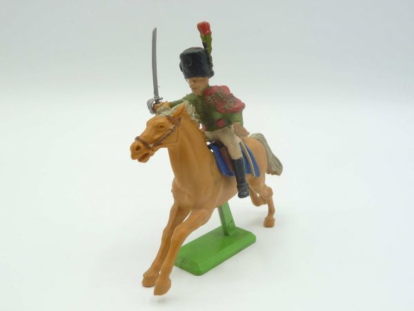 Britains Deetail Waterloo; soldier riding, green/red, sabre high, looking forward