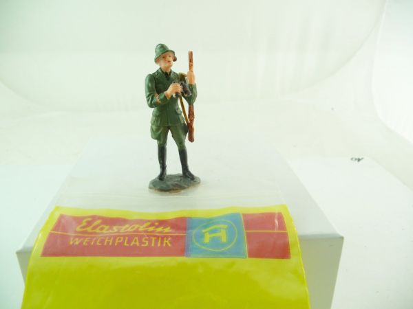 Elastolin soft plastic Hunter with field glasses + rifle - orig. packing, shop-discovery