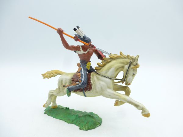 Elastolin 7 cm Indianer zu Pferd mit Speer, Nr. 6853, dunkelblaue Hose