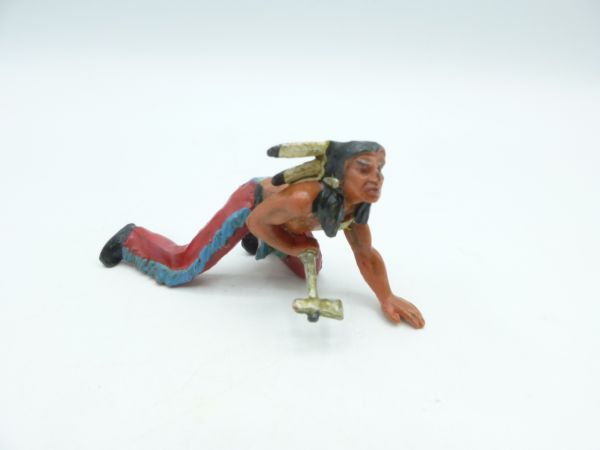 Elastolin 7 cm Indianer schleichend mit Tomahawk, Nr. 6828, rote Hose