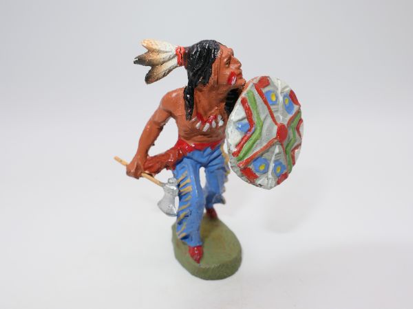 Elastolin composition Indian walking with tomahawk + shield - rare blue trousers