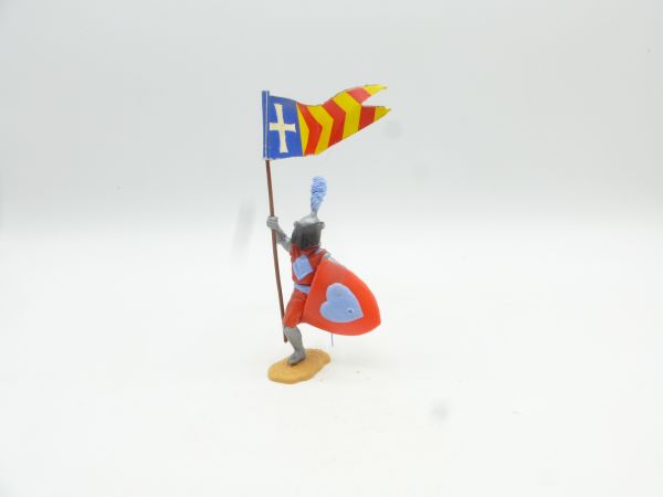 Timpo Toys Visierritter rot/hellblau laufend mit Originalfahne - selten