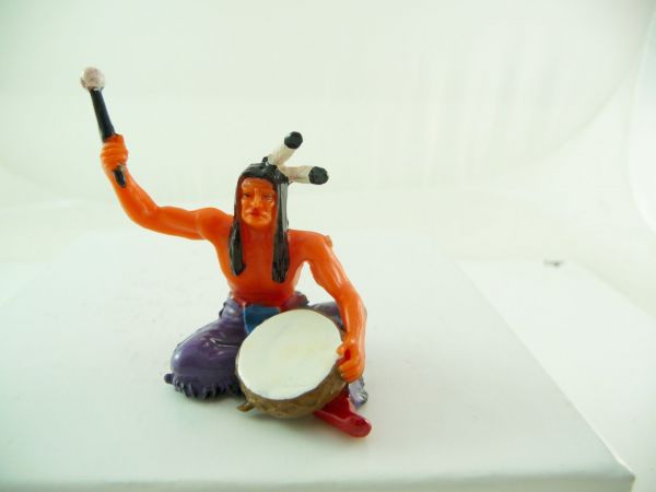 Elastolin 7 cm Indianer sitzend mit Trommel, Nr. 6836 - tolle Farbgebung