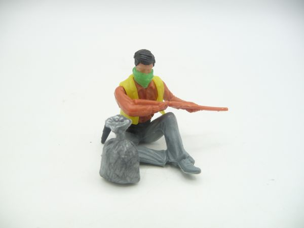 Elastolin 5,4 cm Bandit sitzend mit Gewehr schießend + Geldsack, grüne Maske