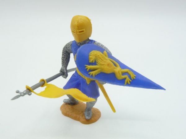 Timpo Toys Medieval knight standing with flag, medium-blue/yellow