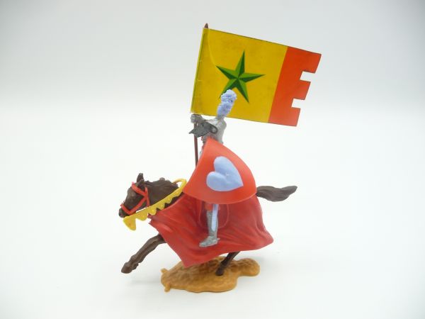 Timpo Toys Visor knight, red/light-blue, riding with rare original flag