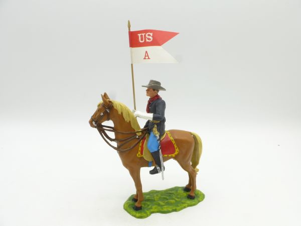 Preiser 7 cm US cavalryman on horseback with flag, No. 7032 - orig. packaging, brand new