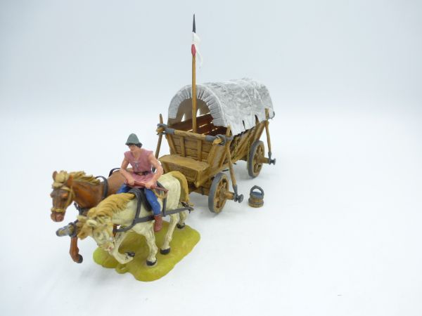 Elastolin 4 cm Mittelalterlicher Kampfwagen mit 2 Pferden