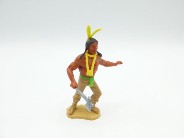 Timpo Toys Indianer 3. Version, Tomahawk seitlich - seltene gelb-grüne Feder