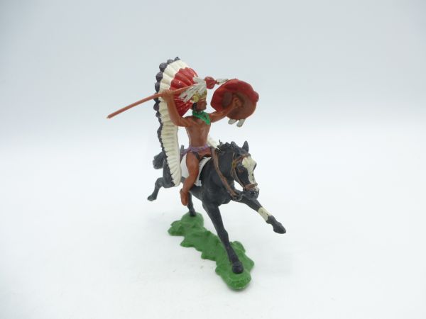 Britains Swoppets Chief riding with spear + shield, long feather headdress