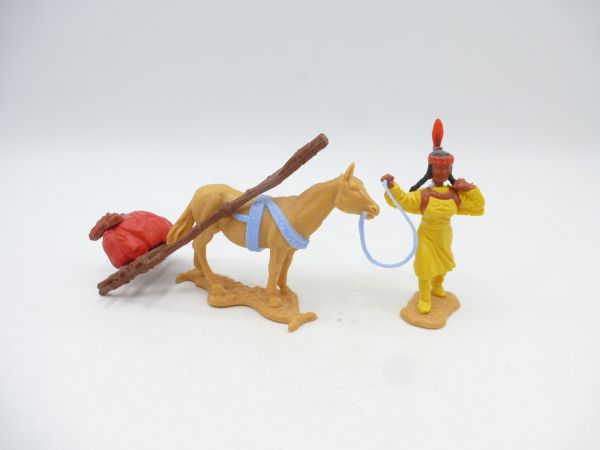 Timpo Toys Indianerin mit Travois, hellblaues Geschirr - seltene Farbe