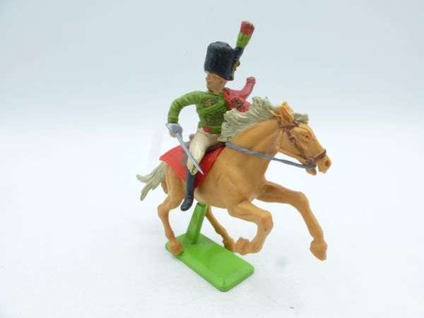 Britains Deetail Waterloo soldier on horseback, sabre sideways, green/red uniform