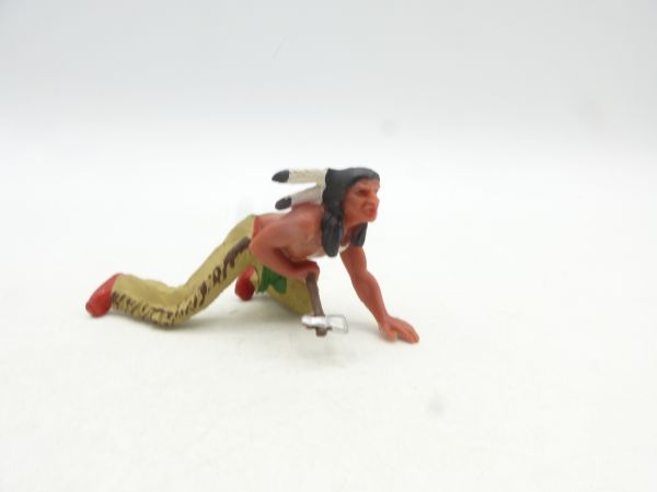 Elastolin 7 cm Indianer mit Tomahawk schleichend, Nr. 6828, beige Hose