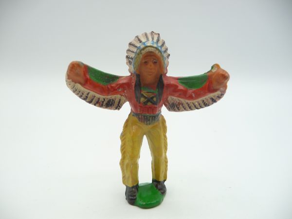 Indian with great feather headdress, arms stretched out
