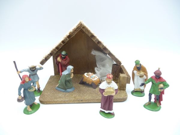 Small nativity scene with 8 figures (figures about 6 cm, crib 11 cm high)