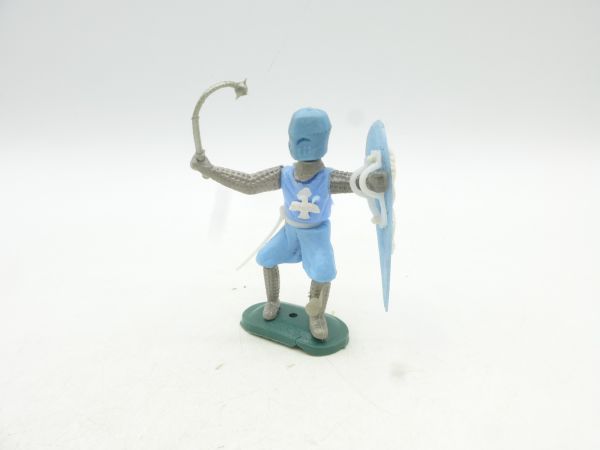 Medieval knight standing, light blue with morning star