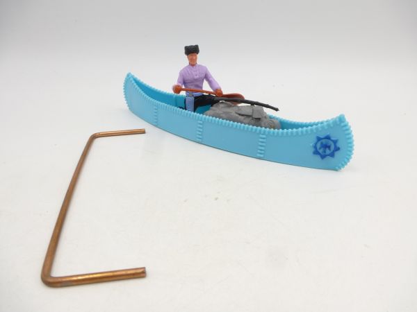 Timpo Toys Canoe (blue with blue emblem) with Trapper + cargo