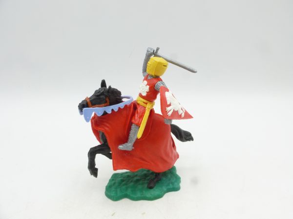 Timpo Toys Mittelalterritter zu Pferd, rot/gelb mit Schwert + Schild