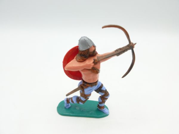 Timpo Toys Wikinger, Bogenschütze, rotes Originalschild, hellblaue Beine