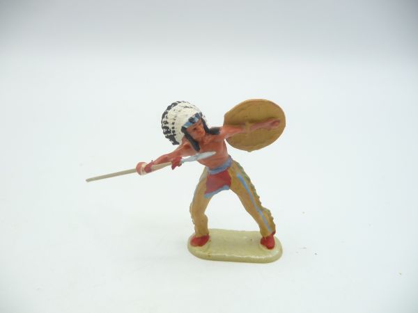 Elastolin 4 cm Indianer Speer werfend, Nr. 6822 - tolle Figur, auf Perlmuttsockel