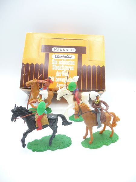 Elastolin 5,4 cm Schüttkarton mit 4 reitenden Indianern auf seltenen Pferden