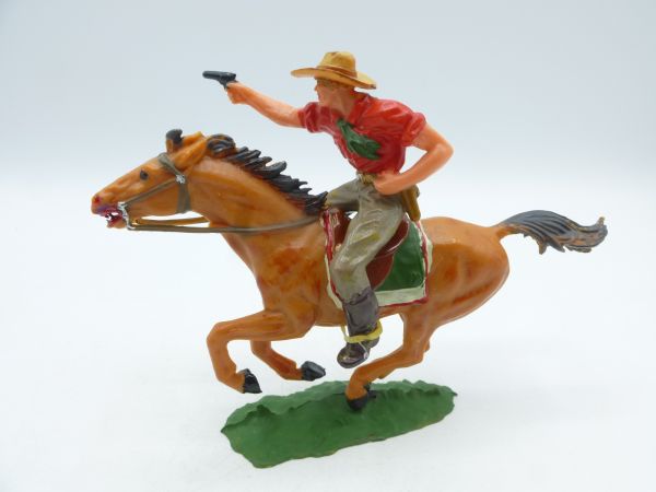 Elastolin 7 cm Cowboy zu Pferd mit Pistole, Nr. 6992 - bespielt