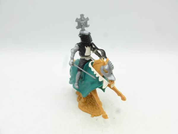 Timpo Toys Visierritter reitend, schwarz/weiß mit Schwert + Schild
