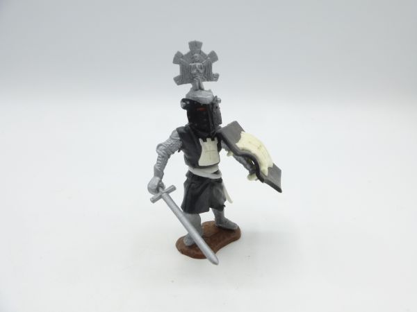 Timpo Toys Visierritter stehend, schwarz mit Schwert - schöne Bodenplatte