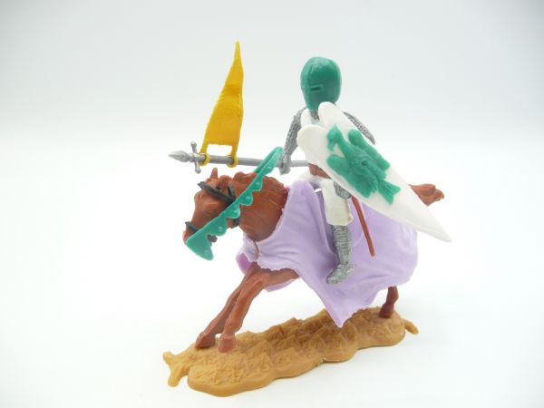 Timpo Toys Medieval knight on horseback, white/green with flag - loops ok