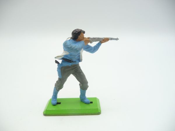 Britains Deetail Cowboy (Hut auf dem Rücken), Gewehr schießend, blaues Hemd