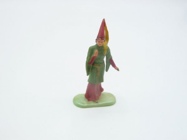Elastolin 4 cm Burgfräulein, Nr. 8810, grün/rot - auf Perlmuttsockel, frühe Figur