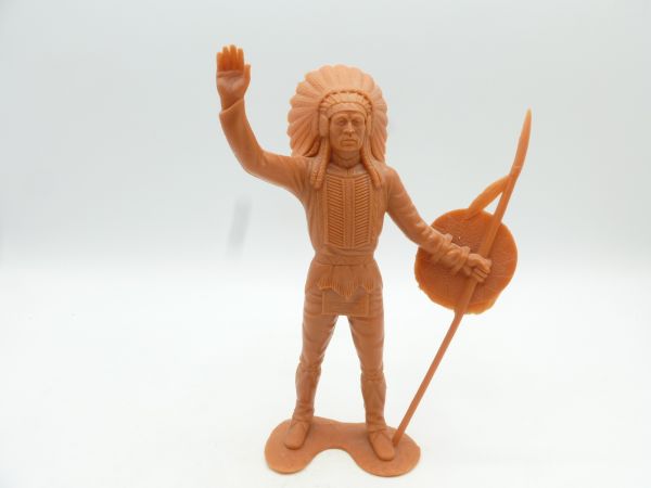 Marx (blank) Indian chief standing with spear + shield, brown