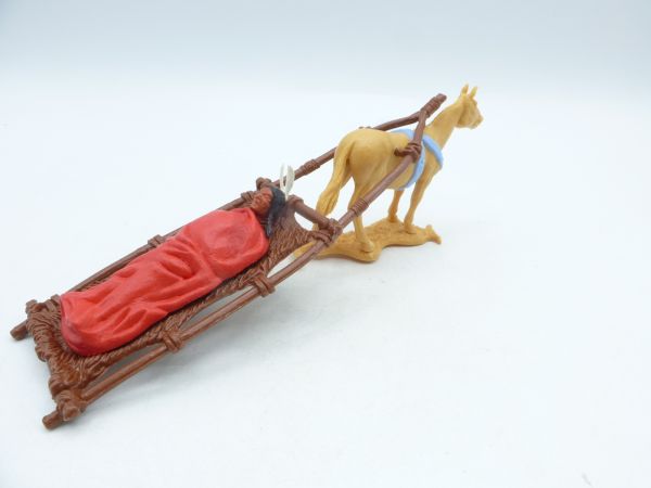 Timpo Toys Pferd mit verletztem Indianer auf Trage (rote Decke)