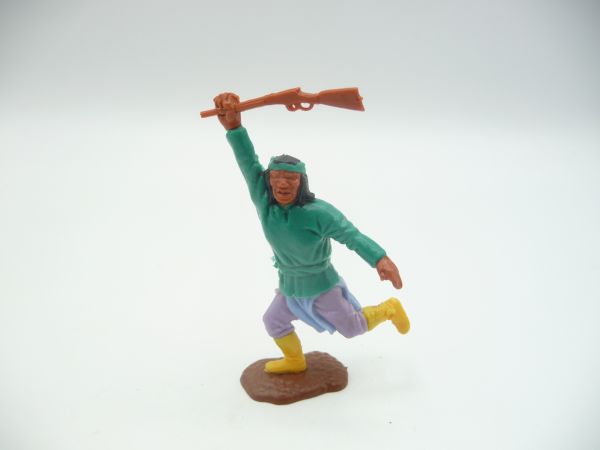 Timpo Toys Apache green, running, rifle up, purple pants, light blue bib