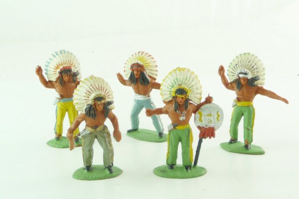 Timpo Toys 5 Indians standing - great painting, with damages, see photos