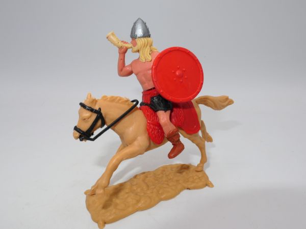 Timpo Toys Wikinger reitend, Hornbläser mit rotem Originalschild, blonde Haare