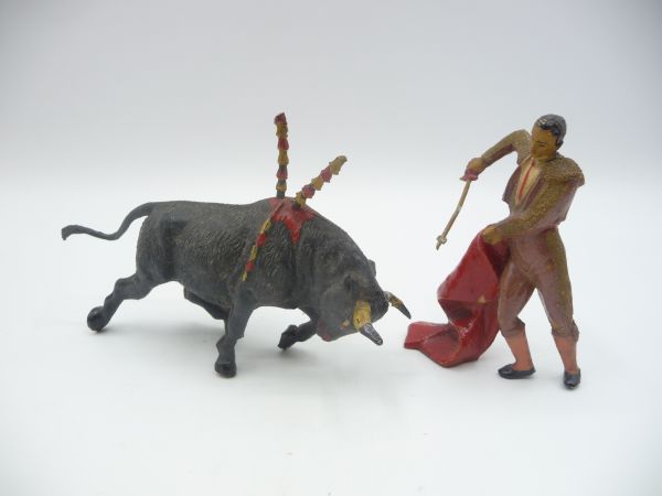 Torero mit Stier (Figur 8 cm) - tolles Set, frühe Figur, tolle Bemalung