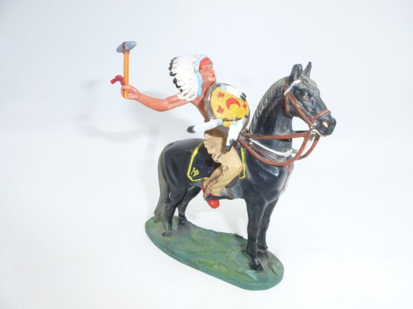 Elastolin 7 cm Indian on horseback with stone axe, No. 6843 - great horse