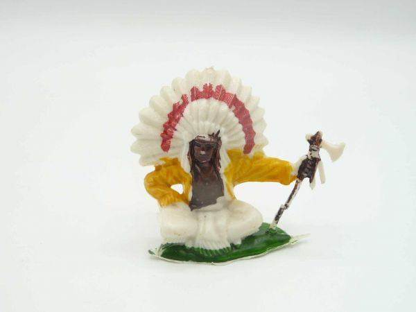 Britains Swoppets Chief sitting with tomahawk, feathers with red, yellow jacket
