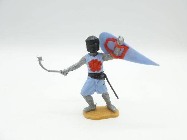 Timpo Toys Medieval knight light blue, red rose, standing with flail