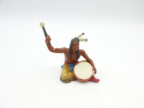 Elastolin 7 cm Indianer sitzend mit Trommel, Nr. 6836, Hose beige