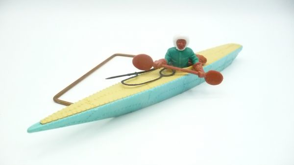 Timpo Toys Eskimo kayak (turquoise-yellow) with green driver - canoe rare colour