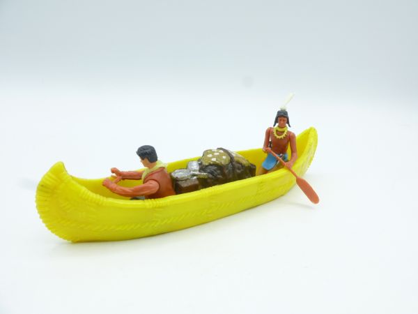 Elastolin 5,4 cm Canoe with Indian, handcuffed Cowboy + cargo