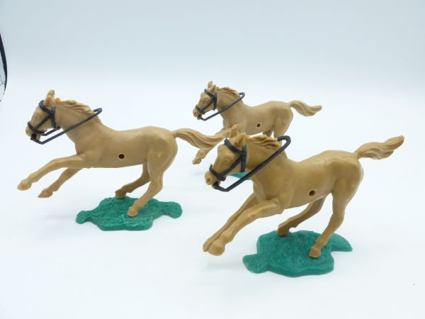 Timpo Toys 3 horses, dark beige, galloping with black bridle / reins