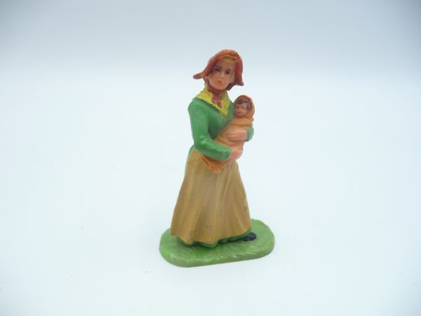 Elastolin 7 cm Settler woman with child on her arm, No. 7707 with red hat