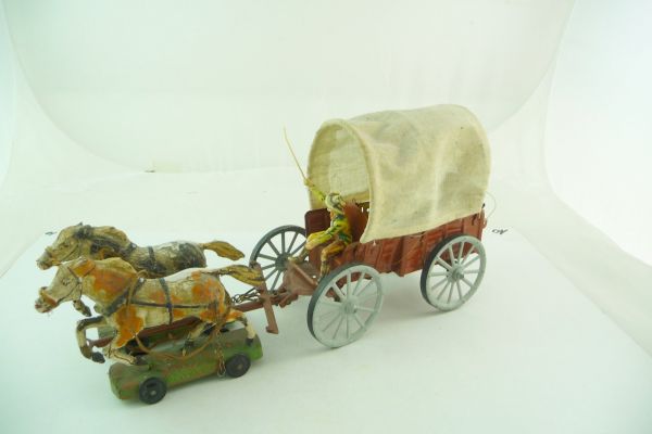 Elastolin 7 cm Covered wagon of sheet metal with coachman and composition horses, No. 7702