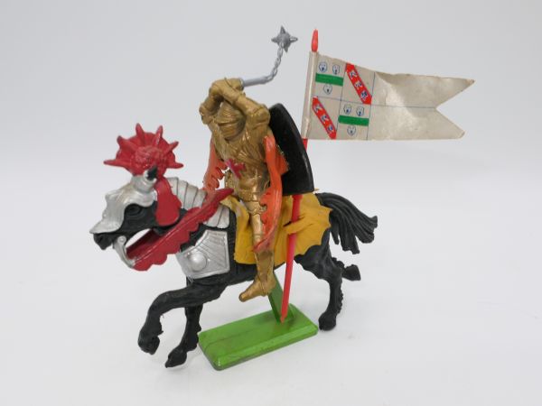 Britains Deetail Gold knight on horseback with flag + morning star