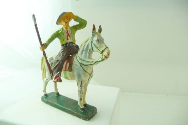 Elastolin Masse Cowboy reitend spähend, hellgrünes - Farbverluste beim Pferd